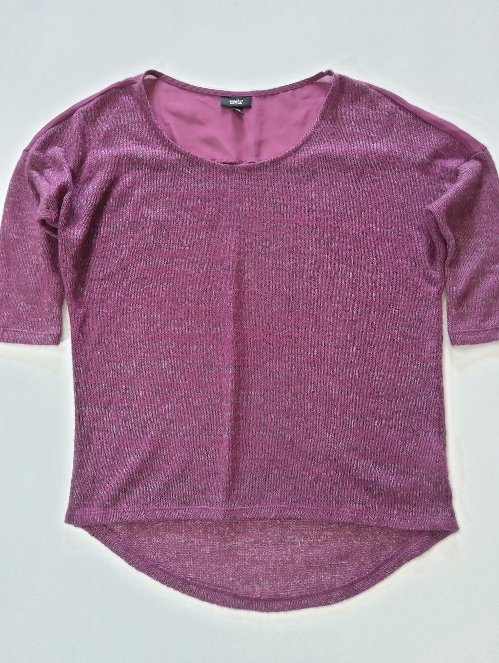 Mossimo Knit Top Womens XS Purple Heathered High Low Hem Mesh Shoulder Casual